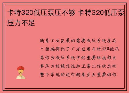 卡特320低压泵压不够 卡特320低压泵压力不足
