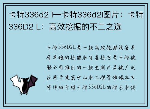卡特336d2 l—卡特336d2l图片：卡特336D2 L：高效挖掘的不二之选